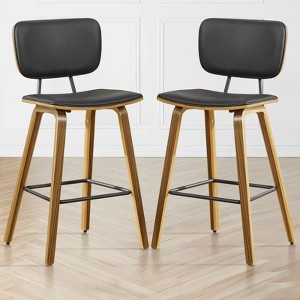 Bekrvio 26" Counter Height Bar Stools - PU Leather Upholstered with Backs, Bent Wood Legs, Mid Century Modern Counter Stools for Kitchen Island - 1 of 4
