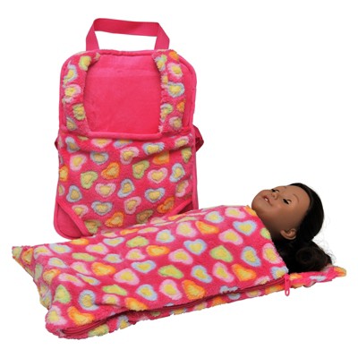 Pink Plush Child's Backpack with Doll Carrier and Sleeping Bag