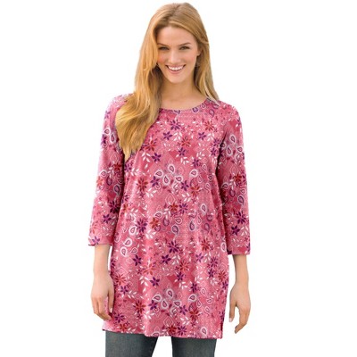 Woman Within Women's Plus Size Perfect Printed Three-Quarter-Sleeve Scoopneck Tunic