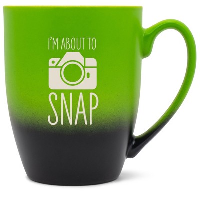 100 North Fun Camera Design 10 Ounce Green and Black Two Toned Ombre, Comfortably Fits Your Hands, Ceramic Tea Coffee Cup Mug, I'M About To Snap
