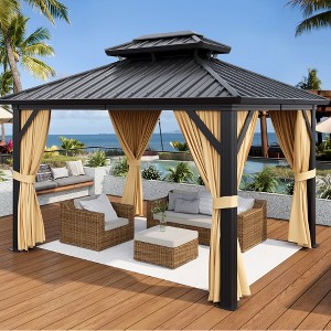 10x12FT Hardtop Gazebo, Heavy Duty Aluminum Frame Outdoor Gazebo w/Double Roof, Permanent Patio Pavilion w/Curtains&Netting for Dining, Wedding, Party - 1 of 4