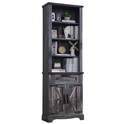 Farmhouse Bookshelf with Storage Cabinet, 72" Tall Bookcase with Drawer and Barn Door for Office Library, Living Room