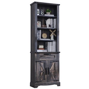 Farmhouse Bookshelf with Storage Cabinet, 72" Tall Bookcase with Drawer and Barn Door for Office Library, Living Room - 1 of 4