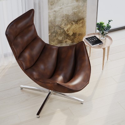 Bomber Jacket Faux Leather Curved Swivel Accent Chair with Chrome Base