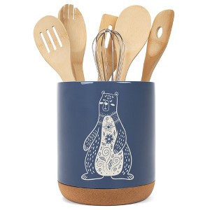 Elanze Designs Kitchen Utensil Holder With Non Slip Cork Base Large 8 Inch Ceramic Storage Crock Forest Animal Countertop Organizer Floral Bear Navy - 1 of 4
