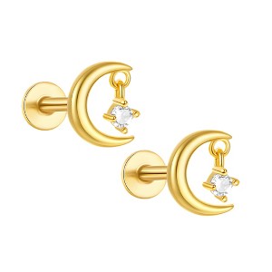 Moon and Star Flat Back Earrings for Women Sterling Silver 16g Cartilage Helix Lobe Body Piercing Stud Ginger Lyne - 1 of 4