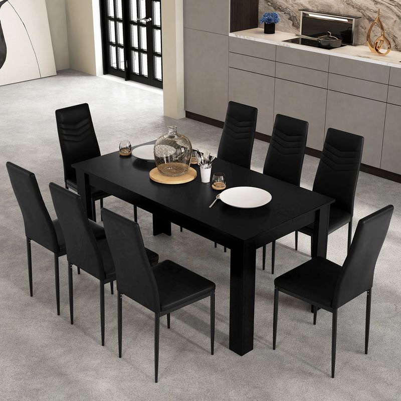 Costway Modern Rectangular Kitchen Table Set with 8 PVC Leather Dining Chairs Black, 2 of 9