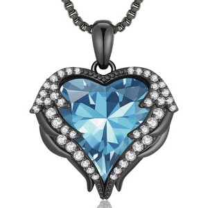 Angel Wings & Heart Necklace with Birthstone, Silver/Gold Tone Jewelry Gift for Women Black-03-Mar. AquamarineLight Blue Birthstone - 1 of 4