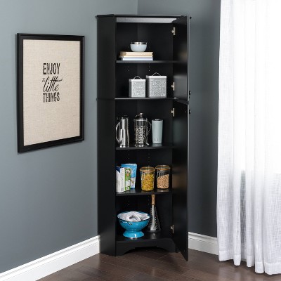 Black Composite Wood Tall Corner Storage Cabinet with Adjustable Shelving