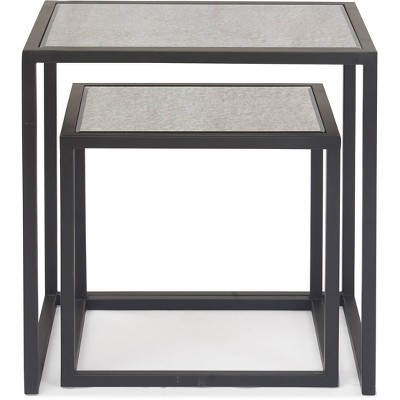 Set of 2 Black Mirrored Nesting Accent Tables with Metal Frame