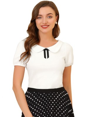 INSPIRE CHIC Women's Bow Neck Solid Short Sleeve Peter Pan Collar Blouse