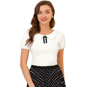 INSPIRE CHIC Women's Bow Neck Solid Short Sleeve Peter Pan Collar Blouse - 1 of 4