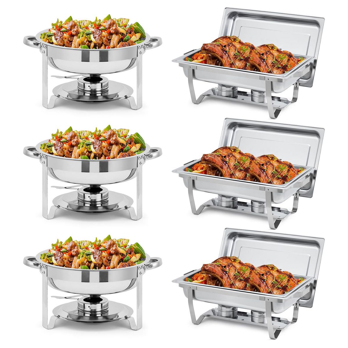 Professional Chafing Dish Set for Catering, 3 Rectangular & 3 Round Stainless Steel Buffet Food Warmers for Weddings