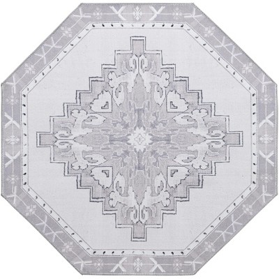 White Gray Octagon Chenille Flat Woven Area Rug