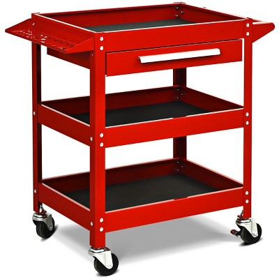 Red Steel Three Tray Rolling Utility Cart with Drawer