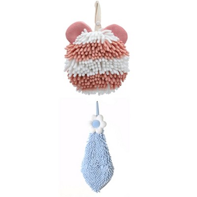 REGALWOVEN Soft Absorbent Cute Fuzzy Hanging Decorative Bathroom Chenille Hand Towel 6" x 15"/7" x 7" 2 Packs
