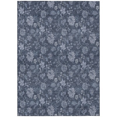 Denim Blue And Navy Blue Floral Washable Indoor Outdoor Area Rug