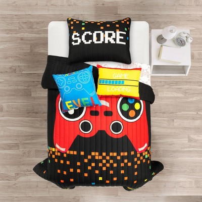 4pc Twin Video Games Reversible Oversized Kids' Quilt Set Black/Red - Lush Décor