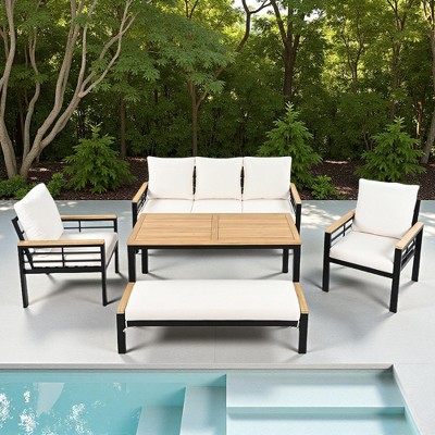 5-Piece Outdoor Patio Iron Conversation Sofa Set with Coffee Table and Bench