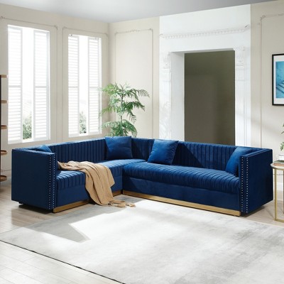 Luxurious 100.8 Velvet Upholstered L-Shaped Corner Sectional Sofa with Vertical Channel Tufting, Gold Base, and 4 Pillows