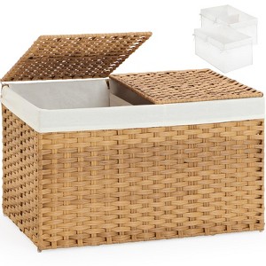 Aoibox Storage Basket with Lid Wicker 2 Separate Lids 42.3 Gallon Rattan Large Woven Basket 2 Liners Bedroom Laundry - 1 of 4