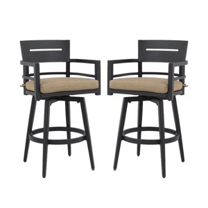Set of 2 Modern Outdoor Swivel Bar Stools with Backs, Black Aluminum Frame with 360° Rotation, Backrest, Armrests, and Sunbrella Cushions - Koiai - 1 of 4