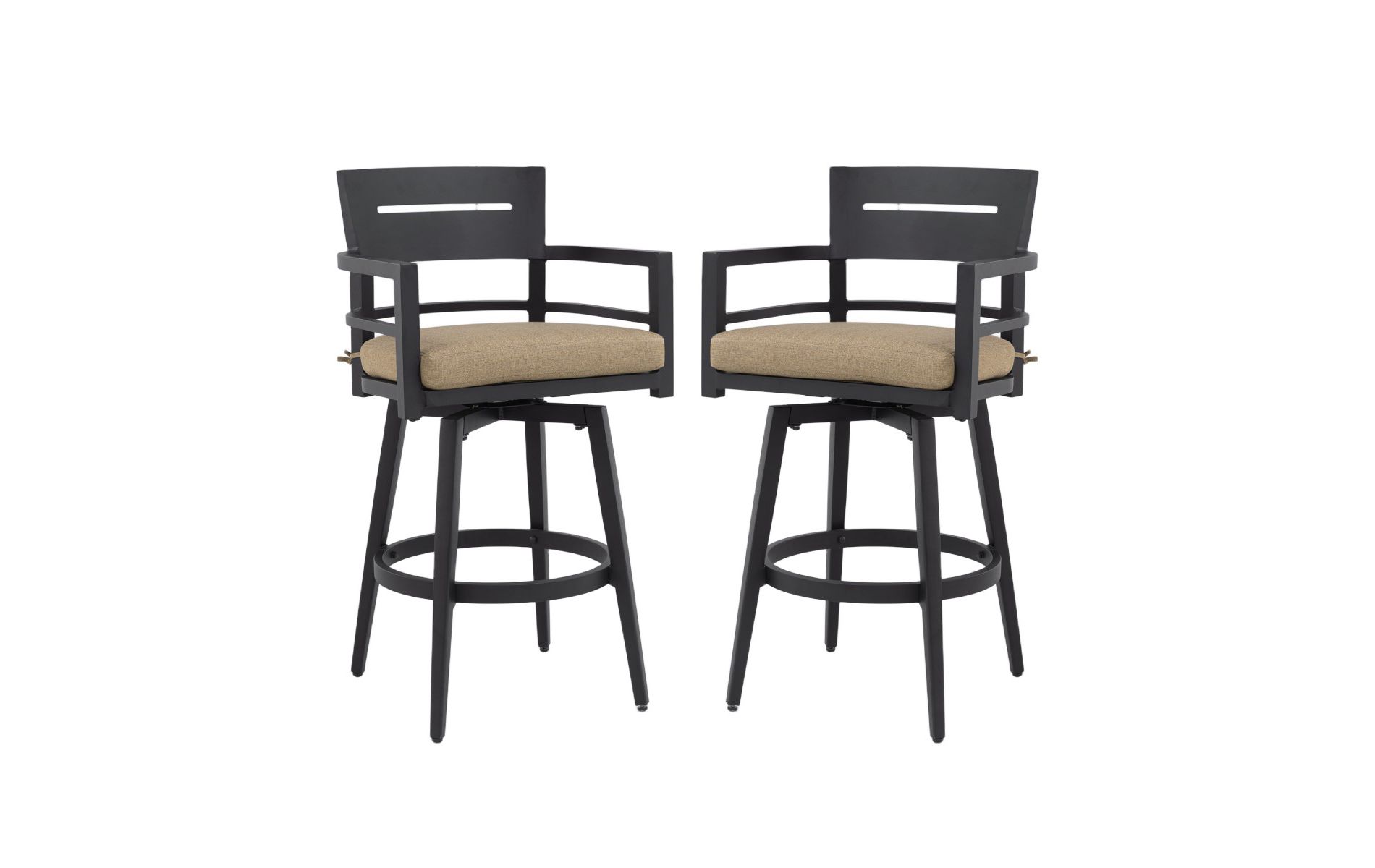 Set of 2 Modern Outdoor Swivel Bar Stools with Backs, Black Aluminum Frame with 360° Rotation, Backrest, Armrest, and Taupe Sunbrella Cushions - Koiai
