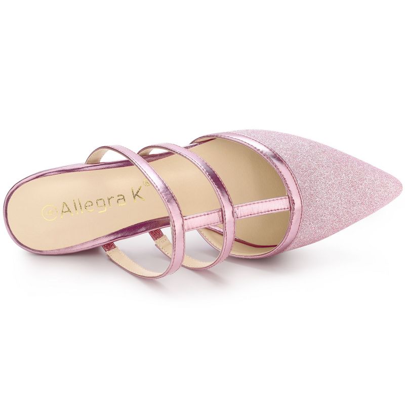 Allegra K Women's T-Strap Glitter Slip-On Pointed Toe Flats Mules, 5 of 9