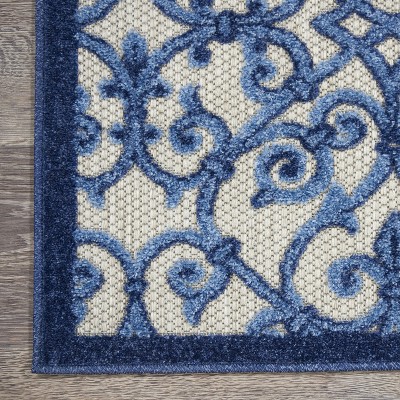 Aloha Contemporary Scroll 5'3" Round Blue/Grey Outdoor Rug
