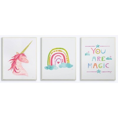 3pc 10"x0.5"x15" You Are Magic Rainbow and Unicorn Wall Plaque Art Se - Stupell Industries