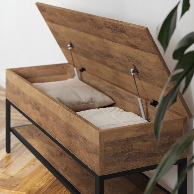 Rustic Oak Farmhouse Storage Bench with Metal Legs