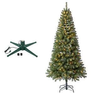 Home Heritage Brighampton Spruce Artificial Christmas Tree with LED Light Display, 7 Foot with Rotating Metal Base Stand, Green - 1 of 4
