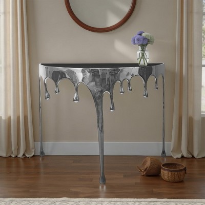 Royal Hampton Sofa Console Table | 36.25" Half Moon Glass Top | Melting Drip Design | Aluminum Cast
