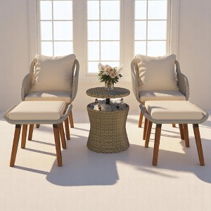 5-Piece Outdoor Patio Furniture Set with PP Rope Weaving Chairs, Pop-Up Cool Bar Table, and Acacia Wood Feet - 1 of 4