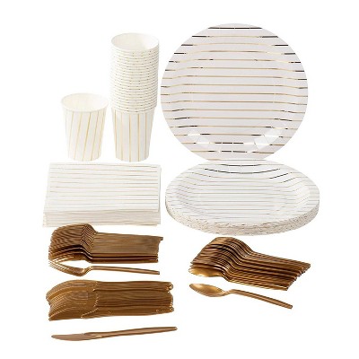 Juvale Gold Foil Stripes Party Supplies (Serves 24) Plates, Cups, Napkins, Knives, Spoons, Forks