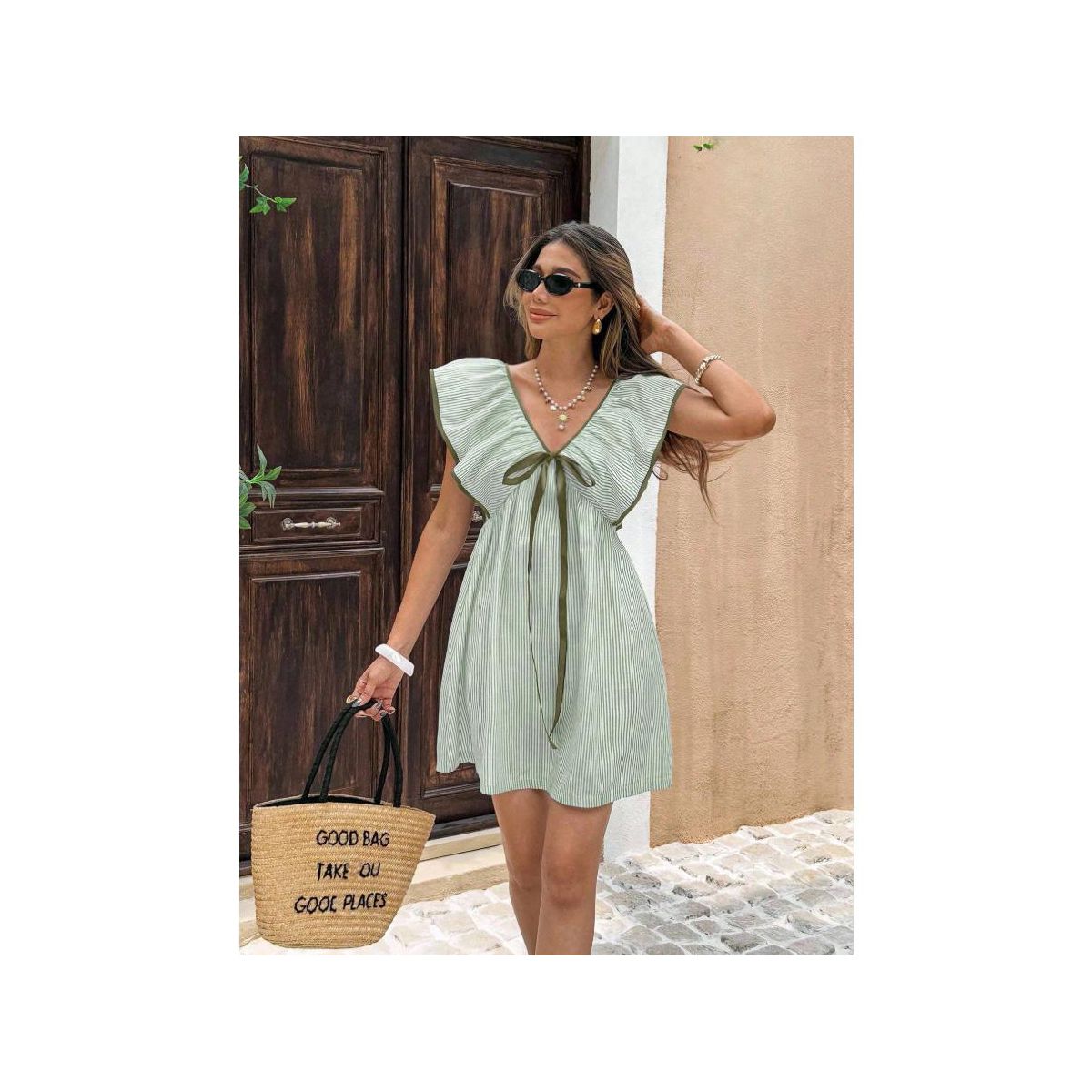 Garvee Women Striped V Neck Babydoll Mini Dress Flounce Patch Short Sleeve Backless Sun Dress Tie Front High Waist Ruffle A Line Dresses - thumbnail 4