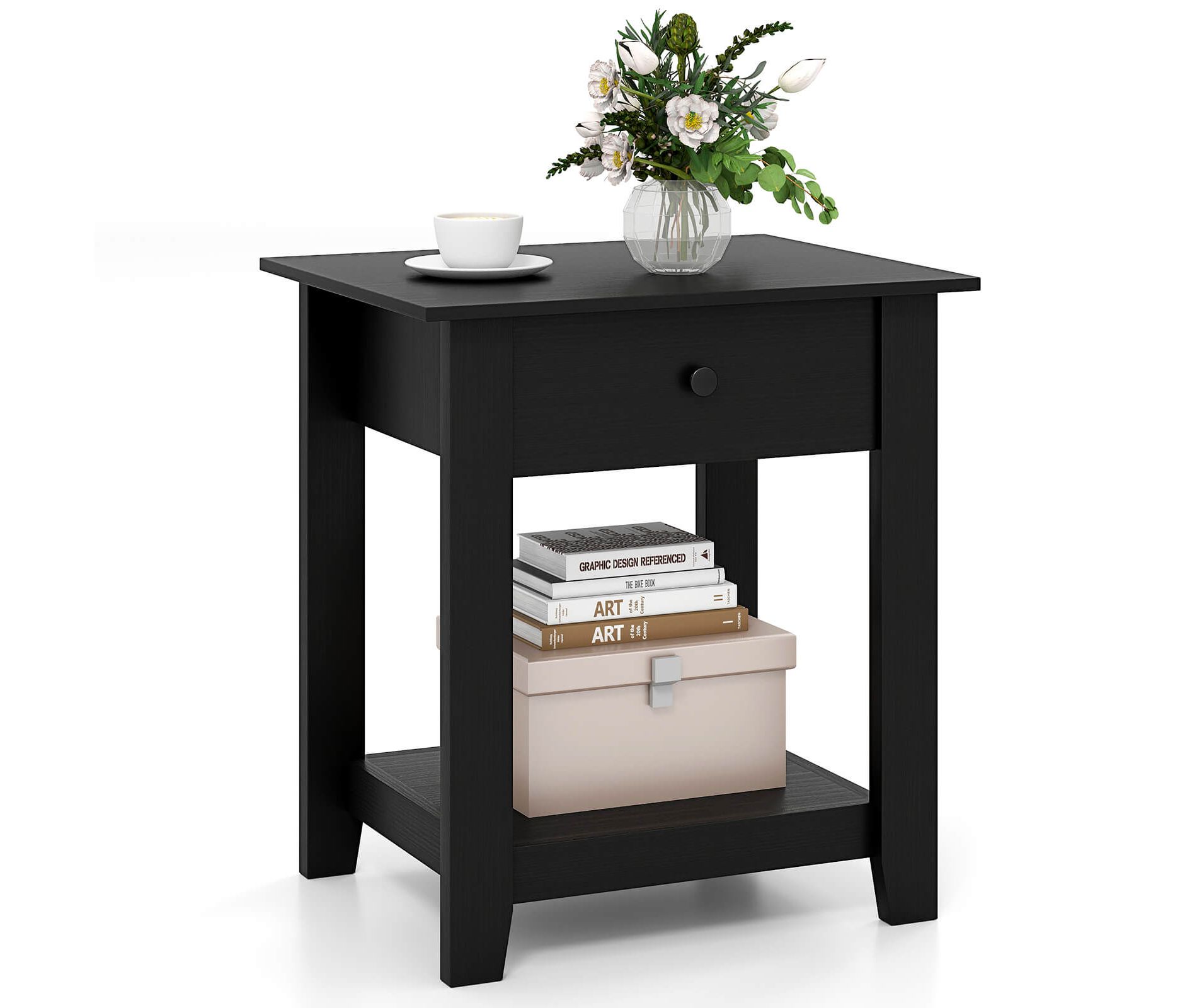 Costway 1/2 PCS Nightstand with Drawer 3-Tier Modern Bedside Table with Open Shelf Storage for Bedroom White/Black