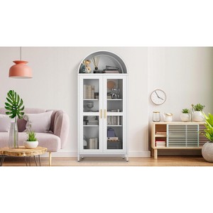Cold Rolled Steel Furniture - Iron Arch Double Door Cabinet with Glass, 2 Doors, H185 x W78 x D39CM, 0.6MM Thickness, White - 1 of 4