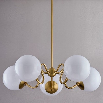 Aged Brass 28" 5-Light Chandelier with Opal Shades