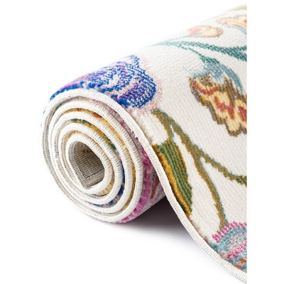 Ivory Floral Square Easy Care Stain-resistant Area Rug