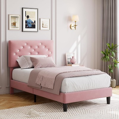 Velvet Bed Frame, Upholstered Platform Bed with Button Tufted Headboard & Under-Bed Storage Space, Sturdy Wooden Slats Support, No Box Spring Needed