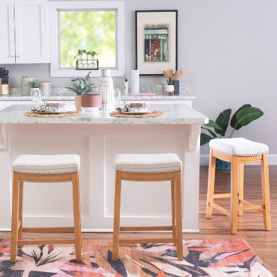 Natural Wood Backless Saddle Counter Stool with Striped Linen Seat