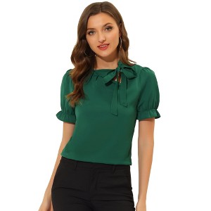 INSPIRE CHIC Women's Bow Tie Neck Solid Color Elastic Cuffs Elegant Office Short Sleeve Blouse - 1 of 4