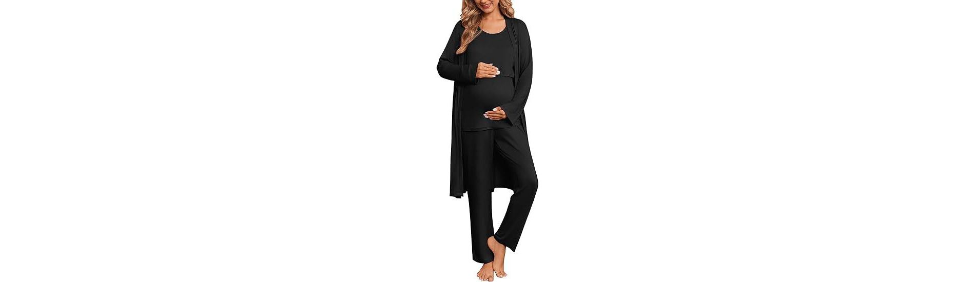 Ekouaer Nursing Pajamas Maternity Robe Set 3 Pieces Postpartum Maternity Pajama Set Pregnancy Breastfeeding Pj