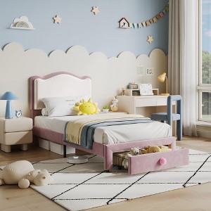 Upholstered Twin Bed Frame with Storage Drawer & Scallop Headboard, Princess Twin Size Platform Bed Frames for Kids Girls - 1 of 4
