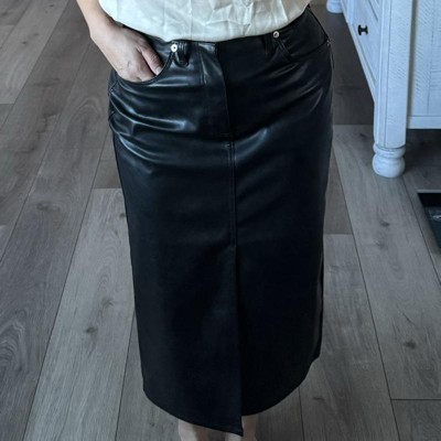 Jules Midi Skirt - Faux Leather High Waisted Front Split Midi Skirt in Black