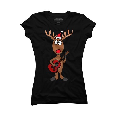 Junior's Design By Humans Funny Cool Christmas Reindeer Playing the Guitar By SmileToday T-Shirt
