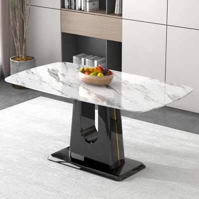 FURNIinspire Dining Tables Modern Rectangular Marble Look Table with MDF U Shaped Legs for Dining Room and Living Room, White, 63"*35.4"*30"