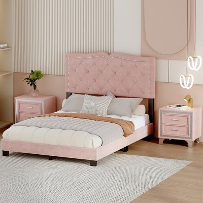 Merax Full Size Upholstered Velvet Platform Bed with Tufted Headboard and Rivet Design