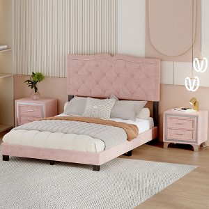 Merax Full Size Upholstered Velvet Platform Bed with Tufted Headboard and Rivet Design - 1 of 4